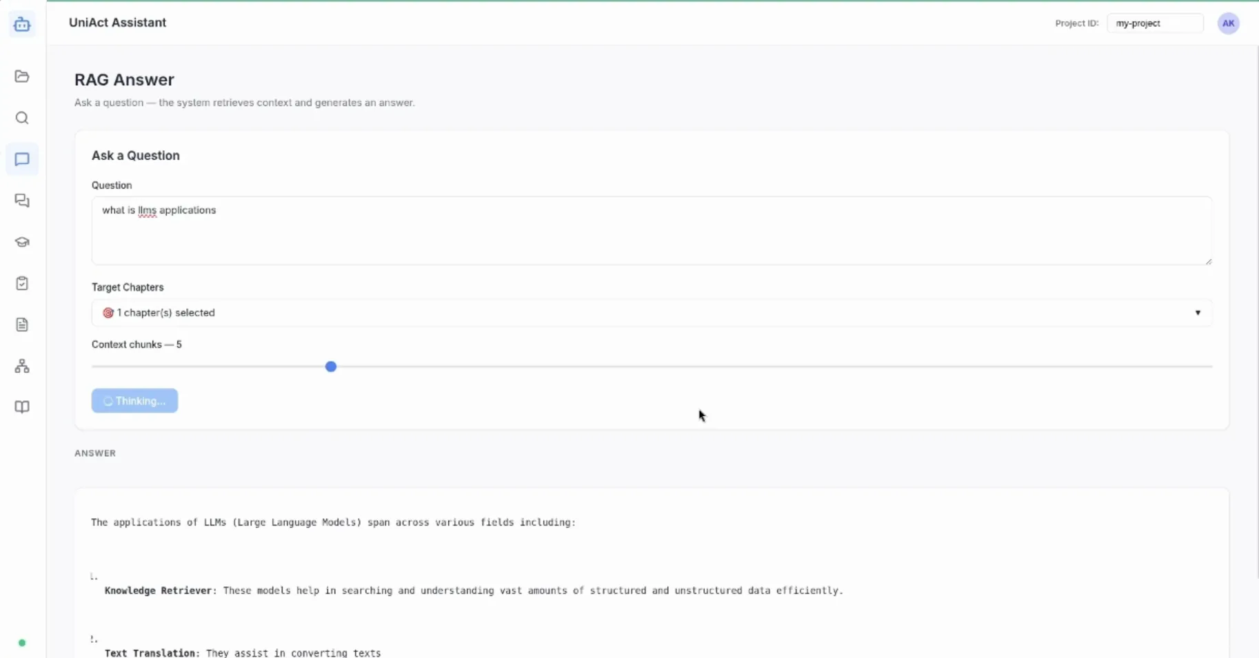 The RAG Answer screen with a question box, chapter selector, context-chunk slider, and generated answer.